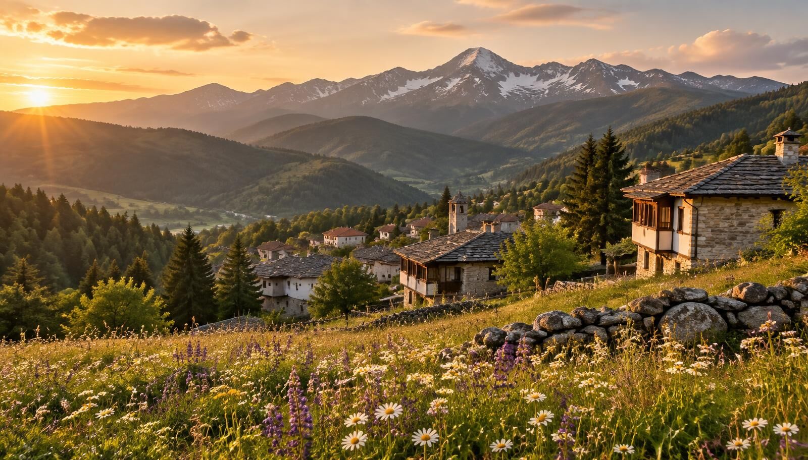 Bulgarian mountain village at golden hour, with stone rooftops, meadow flowers and distant peaks
