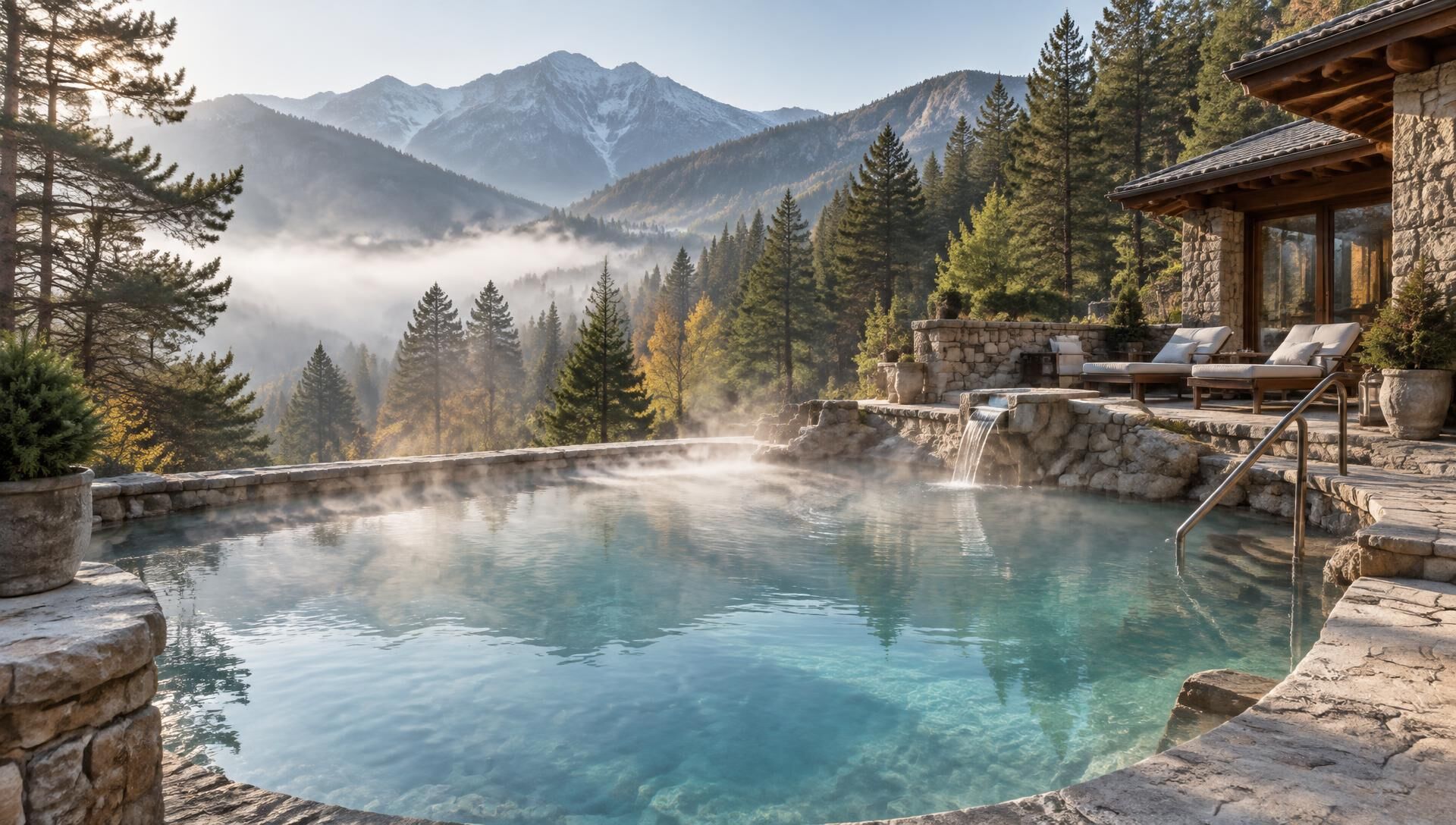Steam rising from a warm mineral-water pool beside a timber terrace, with forested hills beyond