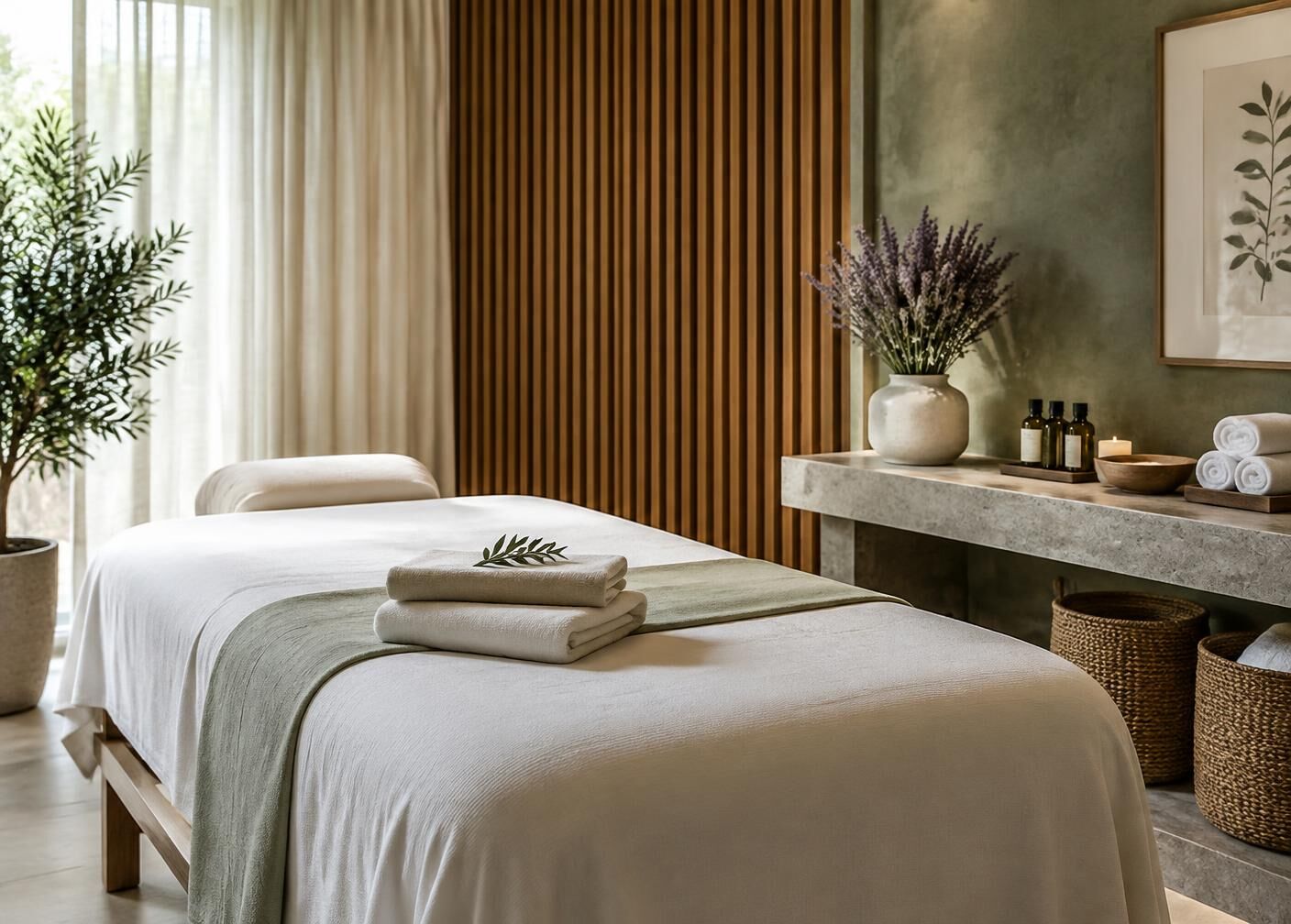 Treatment room with fresh white linen, folded towels and herbal oils in soft daylight